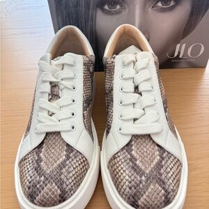Jennifer Lopez White and Brown Snakeskin Sneakers